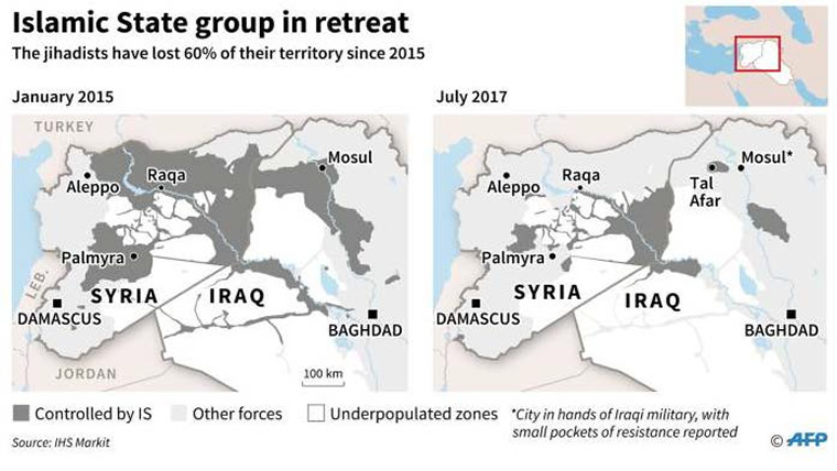 Figure 1: ISIS areas of influence—a comparison from January 2015 to September 2017 